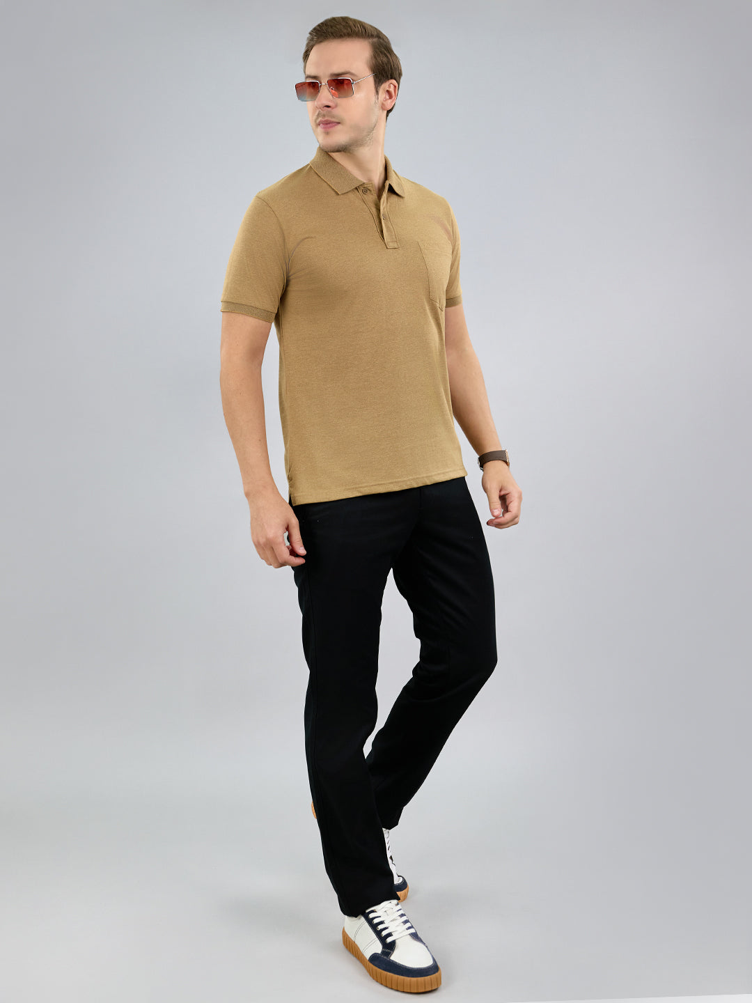Men Camel Brown Solid Polo Collar Half Sleeve T-Shirt