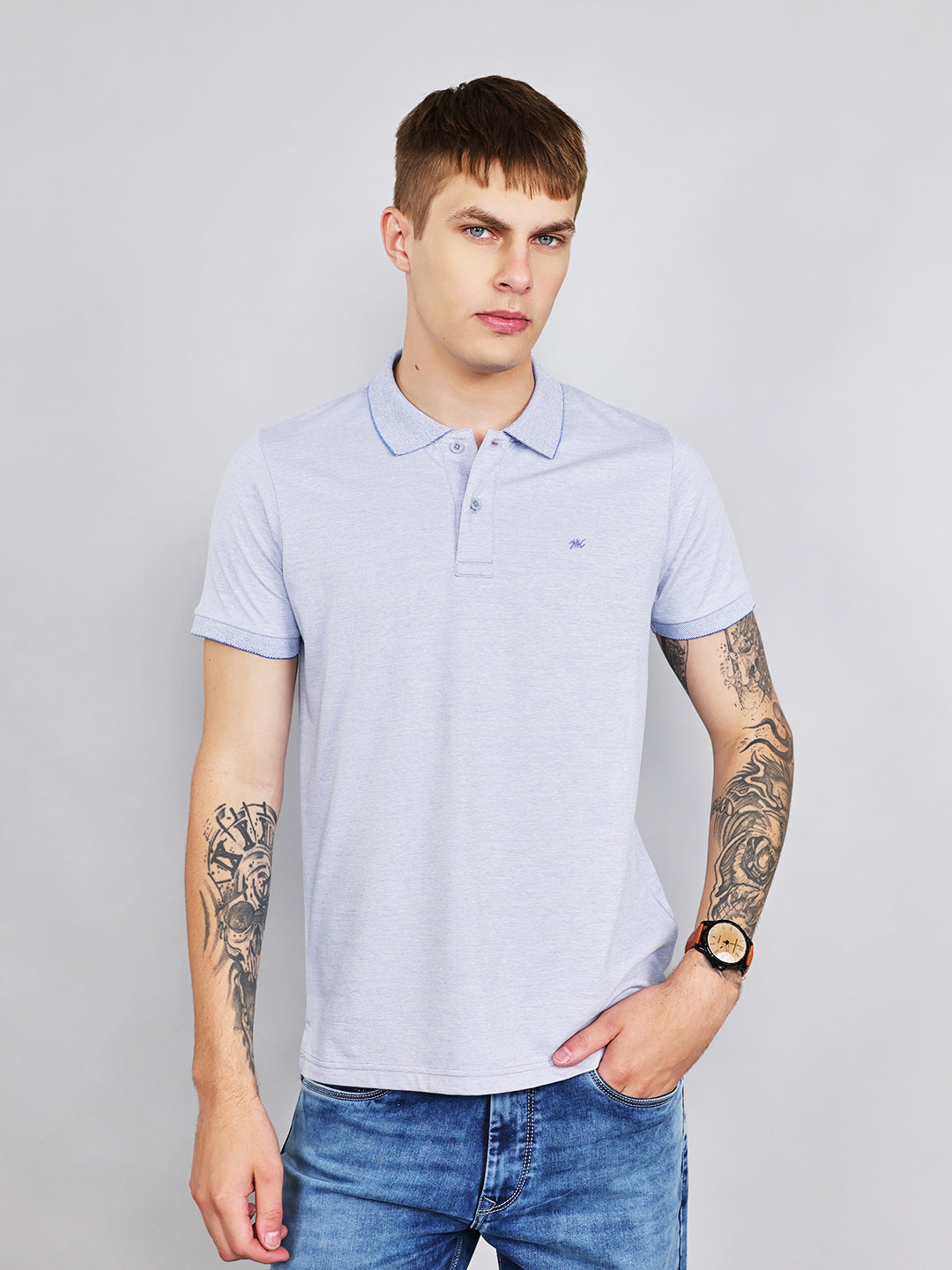Men Sky Blue Plain Collar Half Sleeve T-Shirt