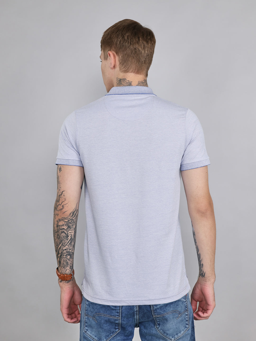 Men Sky Blue Plain Collar Half Sleeve T-Shirt