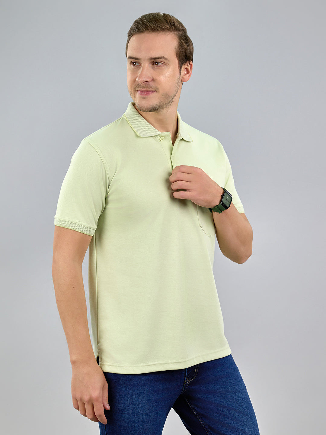 Men Lime Green Solid Polo Collar Half Sleeve T-Shirt