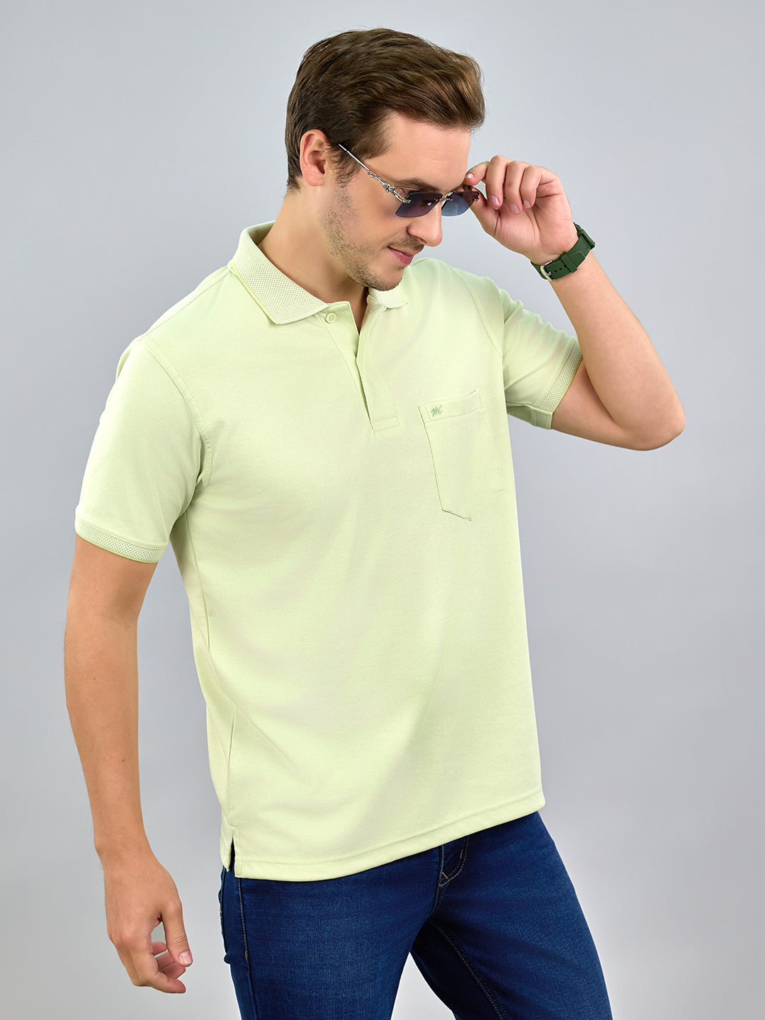 Men Lime Green Solid Polo Collar Half Sleeve T-Shirt