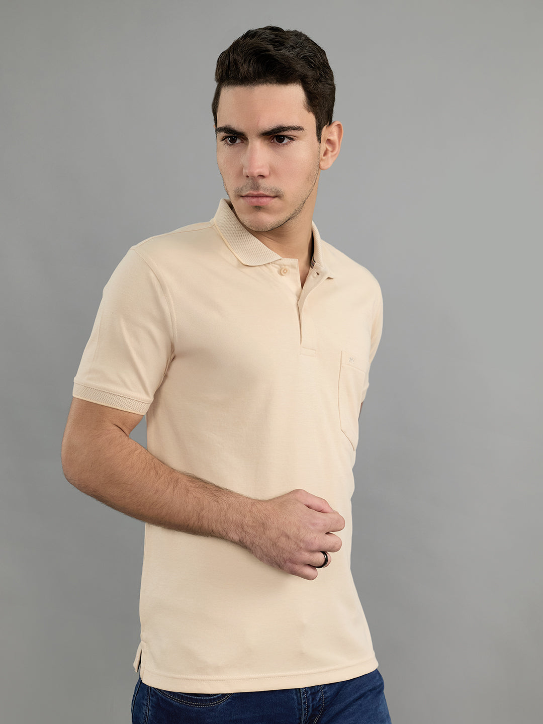 Men Camel Brown Solid Collar Half Sleeve T-Shirt