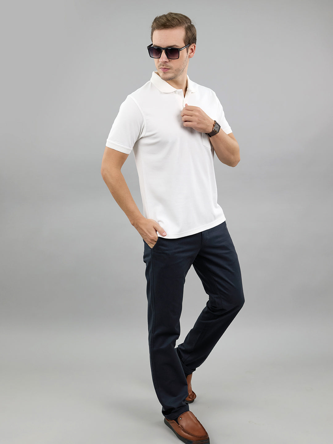 Men White Solid Polo Collar Half Sleeve T-Shirt