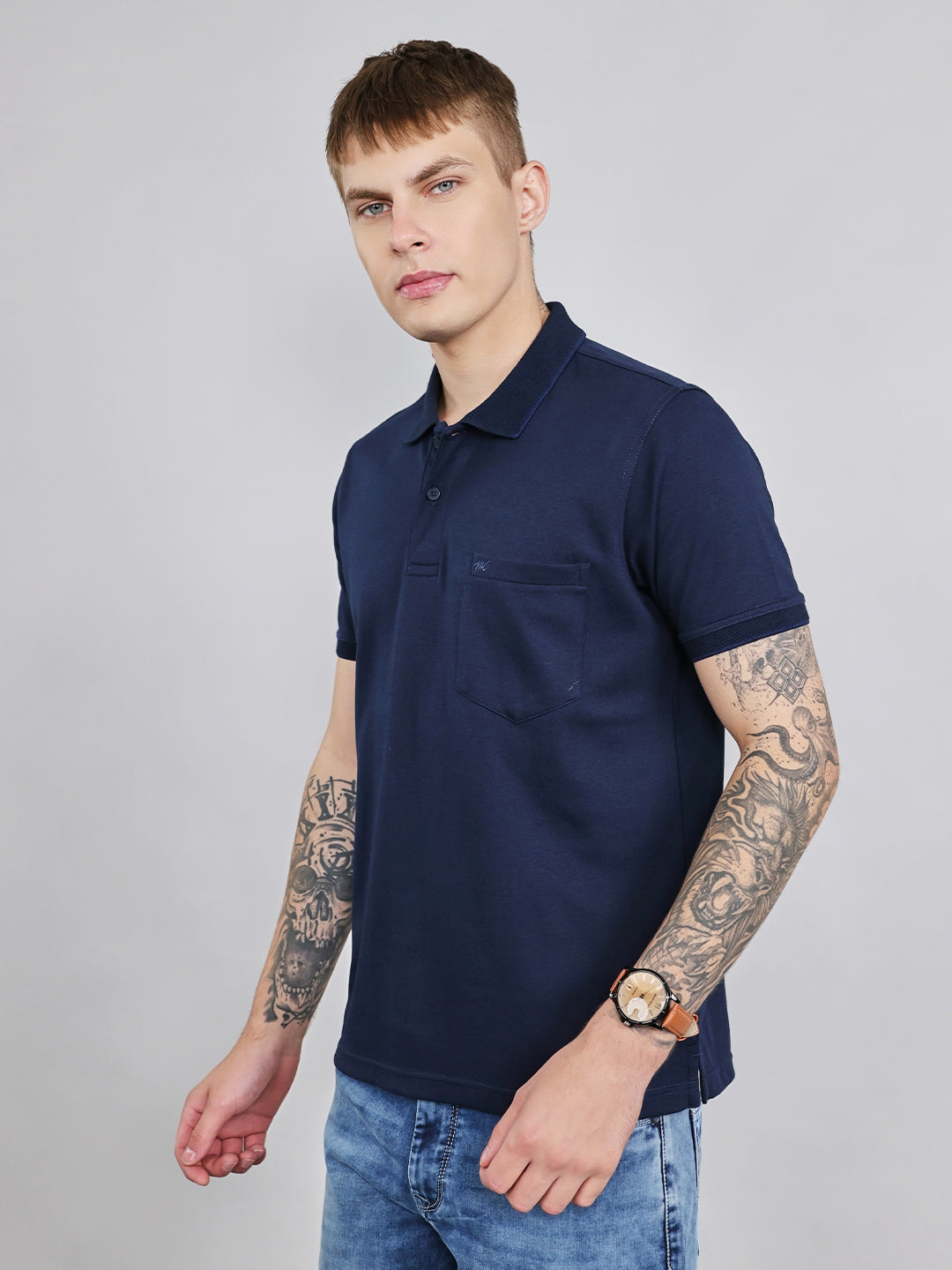 Men Navy Blue Plain Collar Half Sleeve T-Shirt
