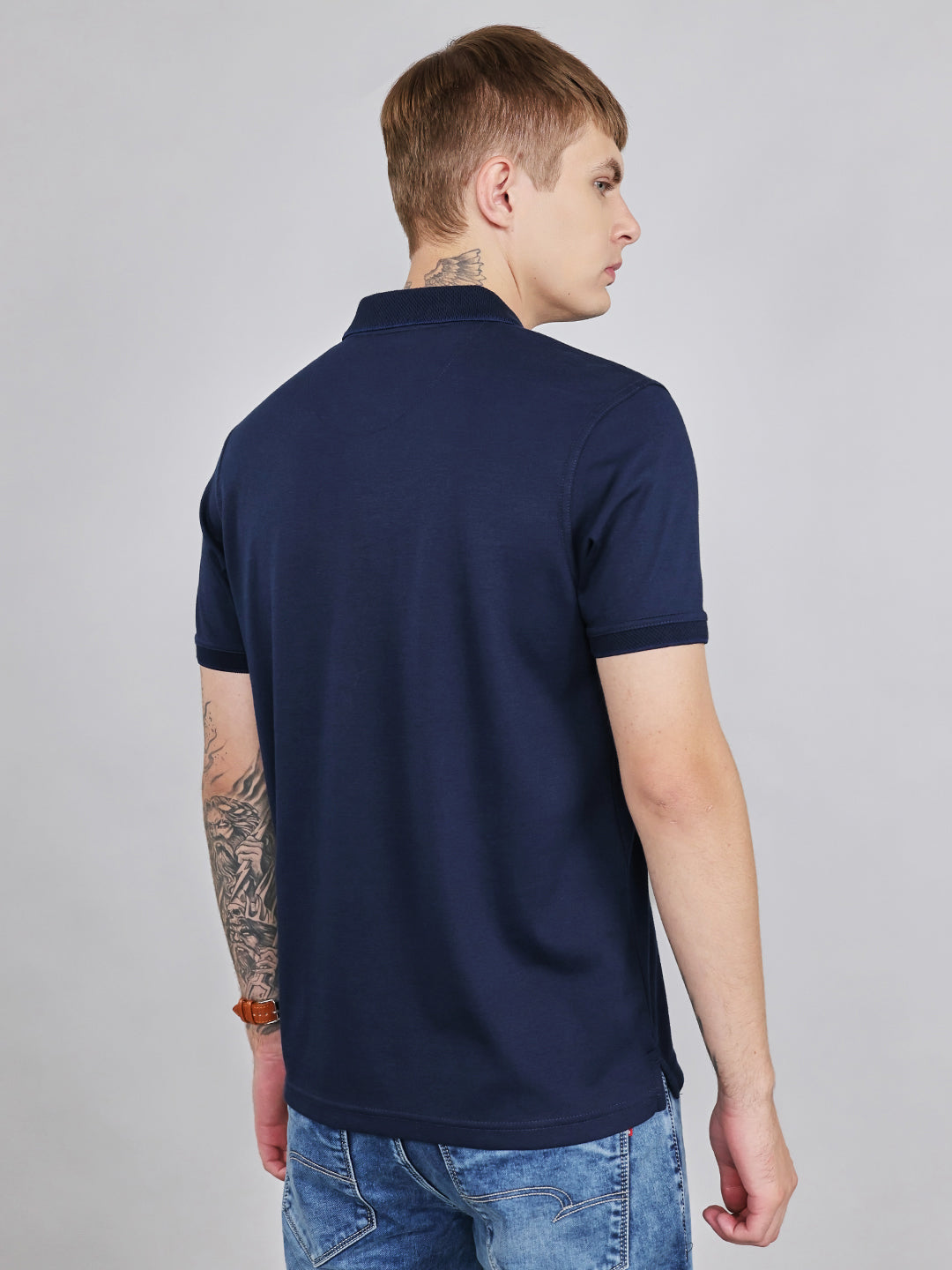 Men Navy Blue Plain Collar Half Sleeve T-Shirt