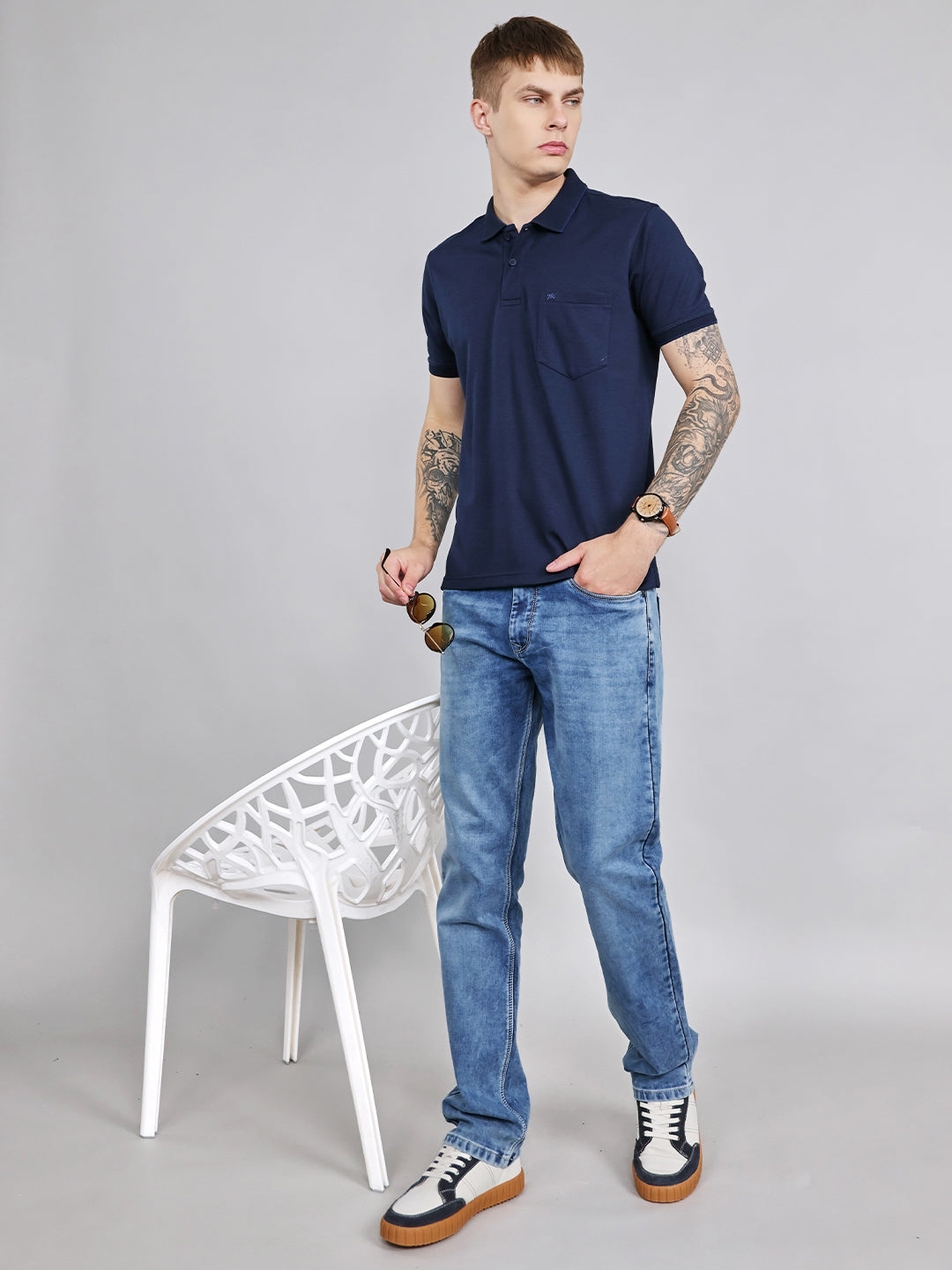 Men Navy Blue Plain Collar Half Sleeve T-Shirt
