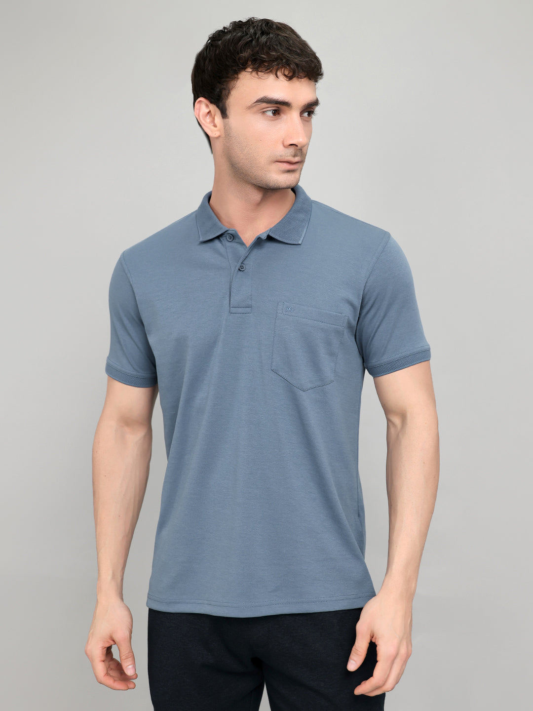 Men Blue Solid Collar Half Sleeve T-Shirt