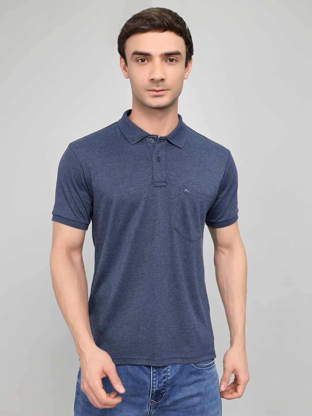 Men Navy Blue Solid Collar Half Sleeve T-Shirt