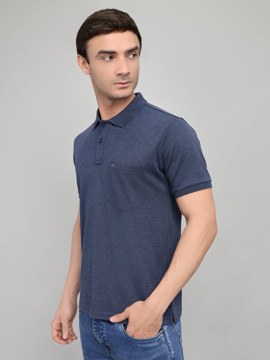 Men Navy Blue Solid Collar Half Sleeve T-Shirt
