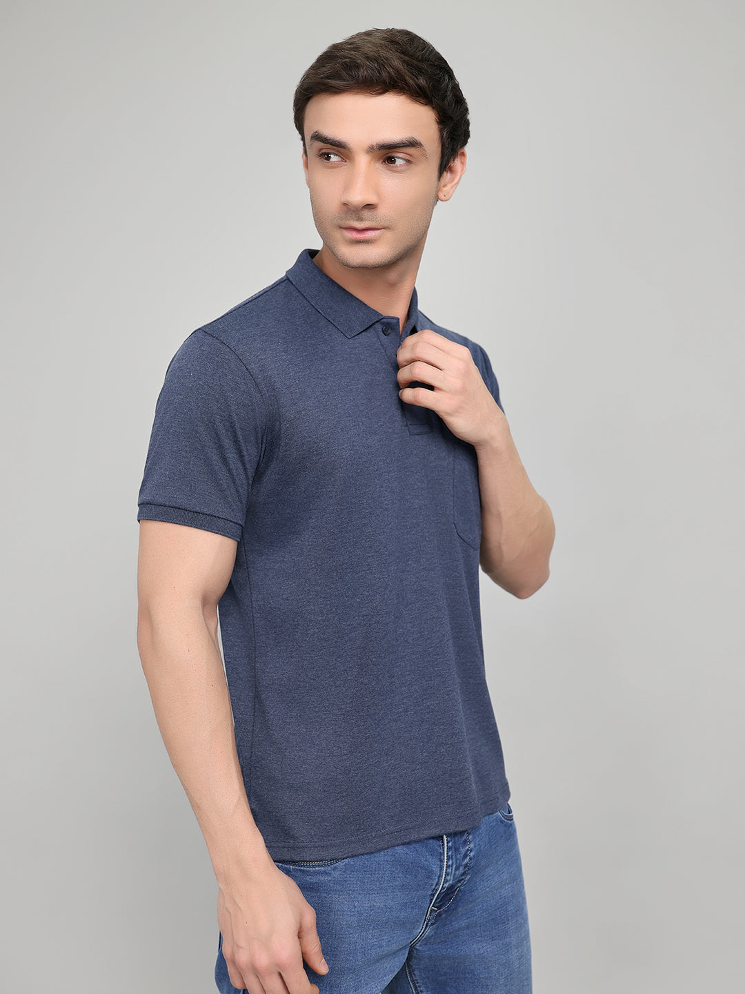 Men Navy Blue Solid Collar Half Sleeve T-Shirt