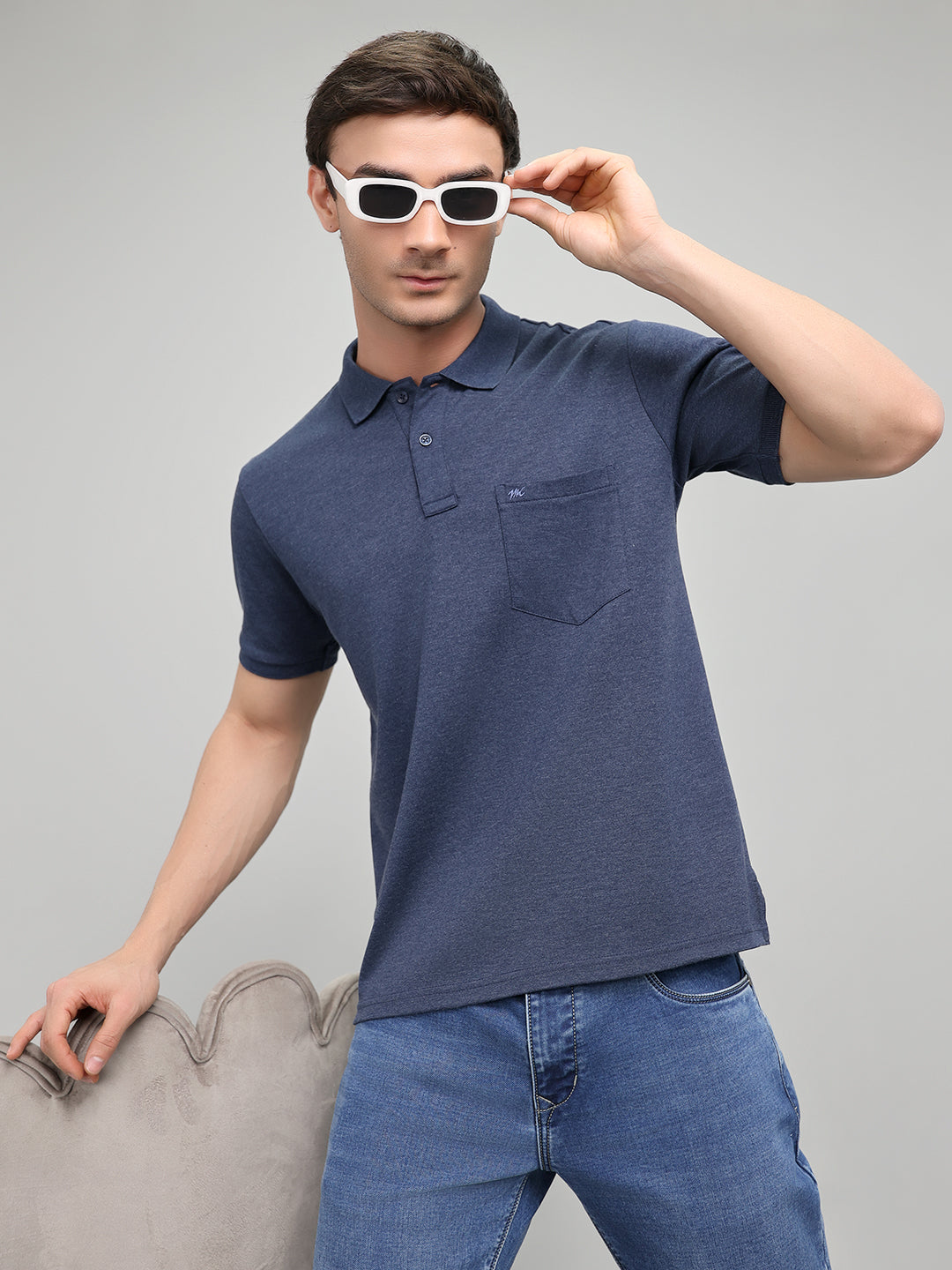 Men Navy Blue Solid Collar Half Sleeve T-Shirt