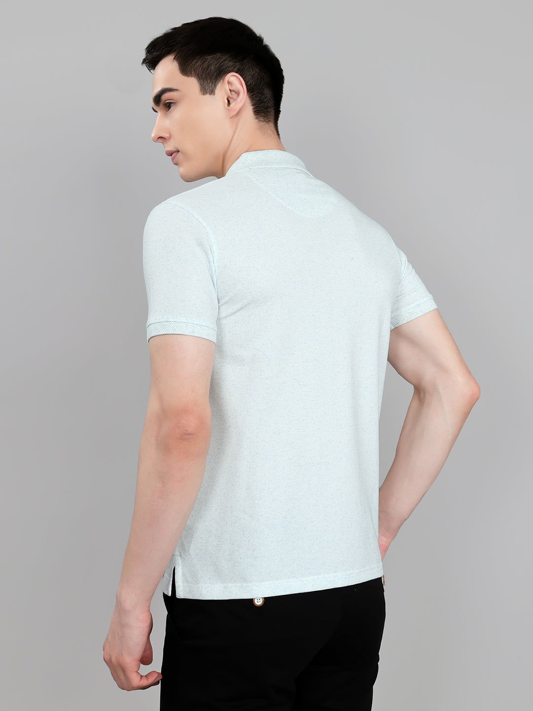 Men Sky Blue Melange Collar Half Sleeve T-Shirt