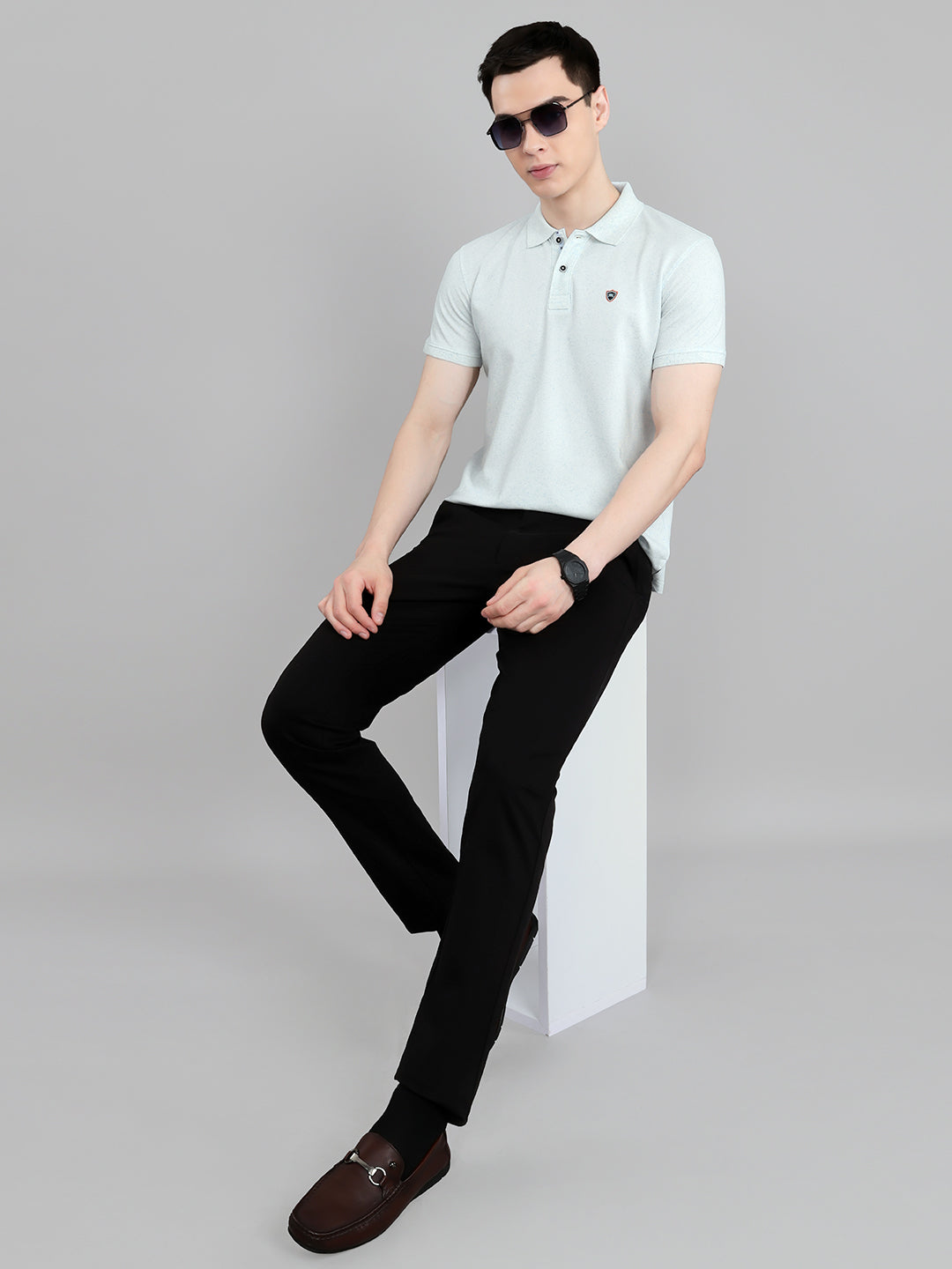 Men Sky Blue Melange Collar Half Sleeve T-Shirt