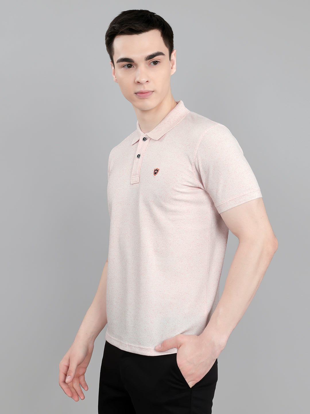 Men Pink Melange Collar Half Sleeve T-Shirt