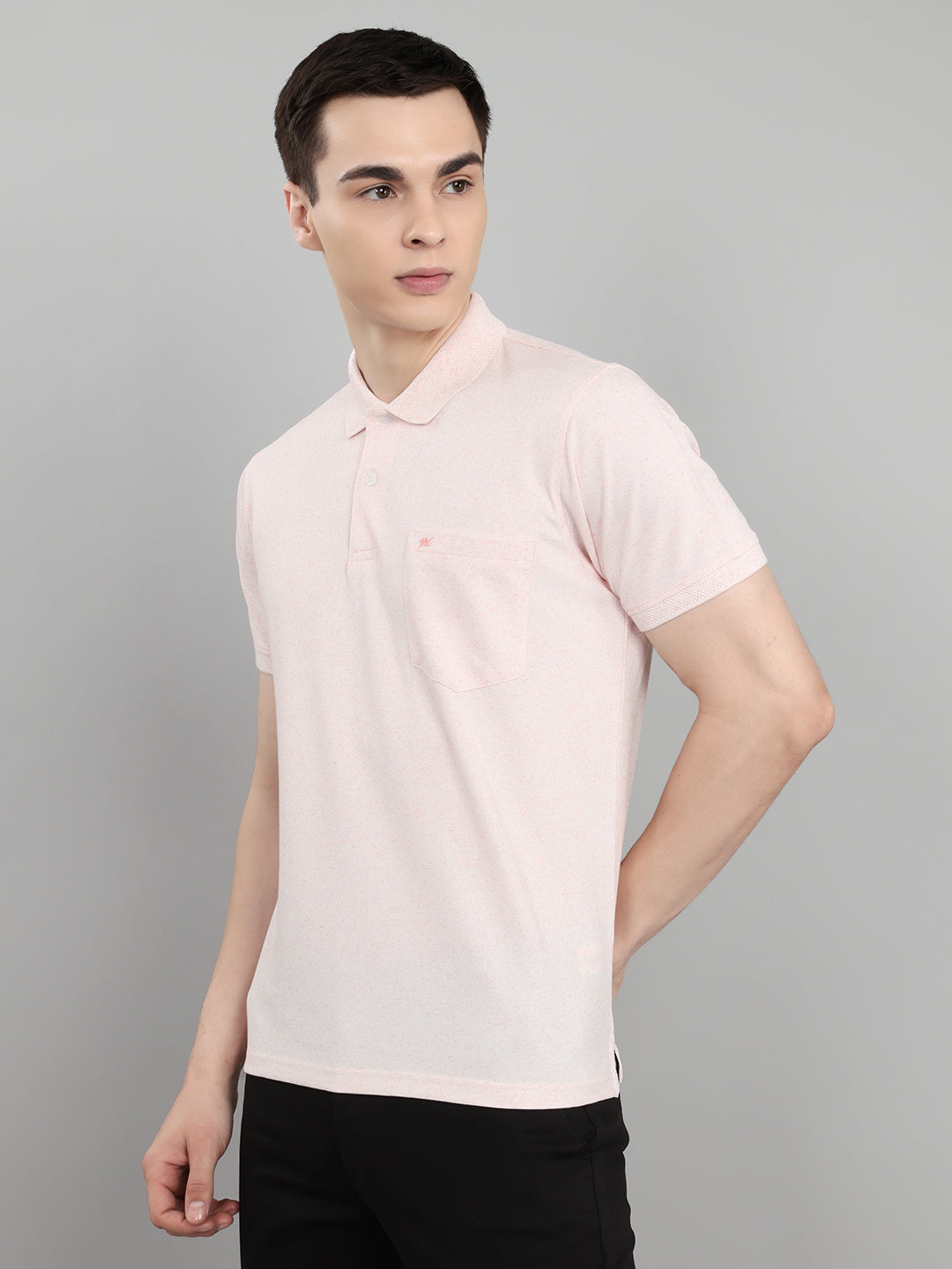 Men Pink Melange Collar Half Sleeve T-Shirt