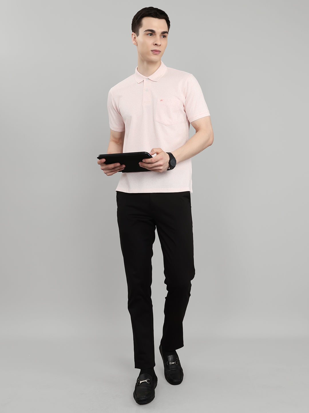 Men Pink Melange Collar Half Sleeve T-Shirt