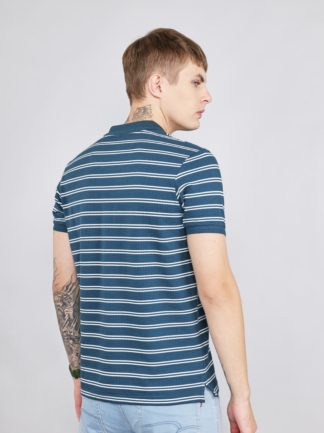 Men Teal Blue Stripe Collar Half Sleeve T-Shirt