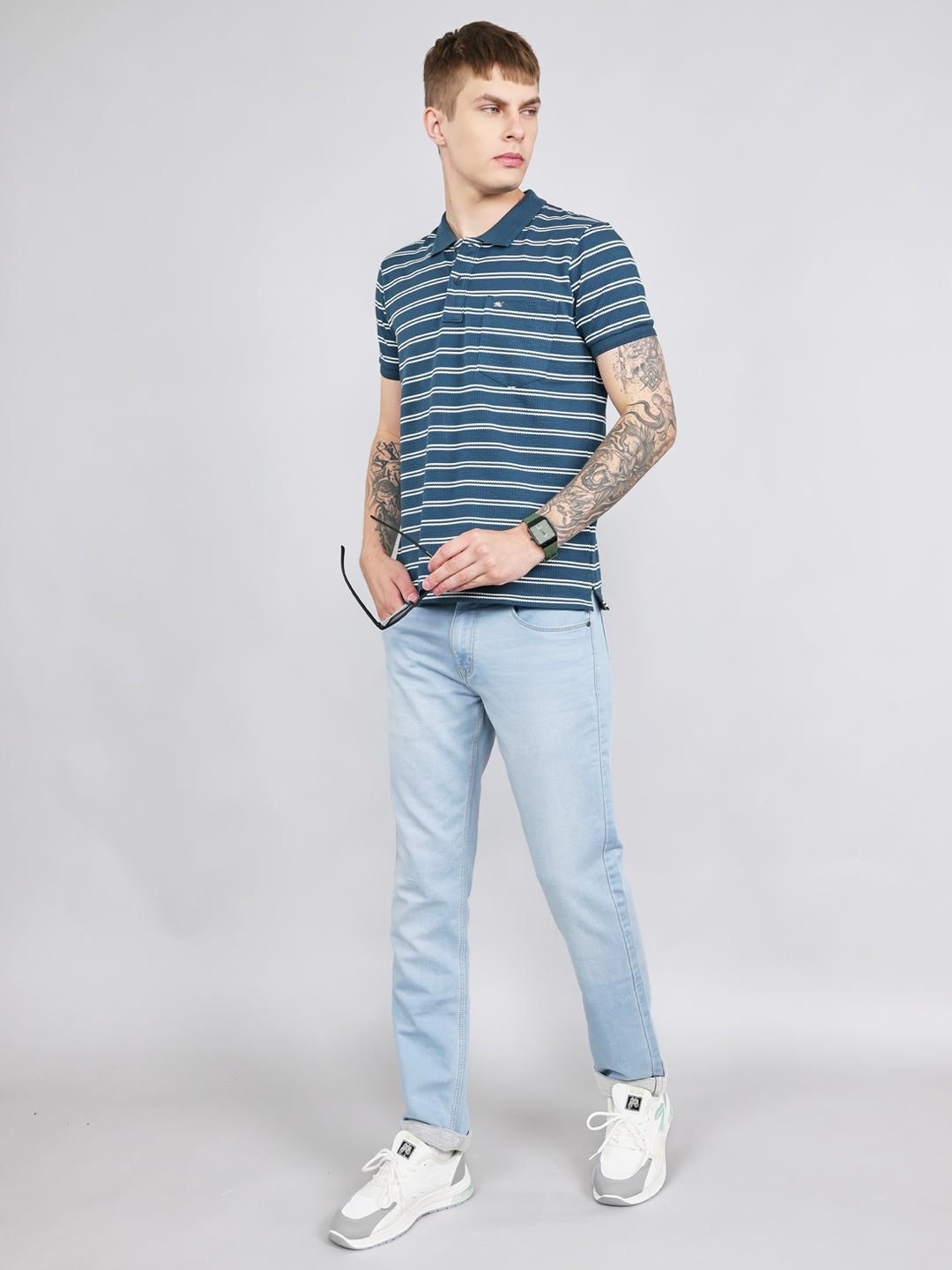 Men Teal Blue Stripe Collar Half Sleeve T-Shirt