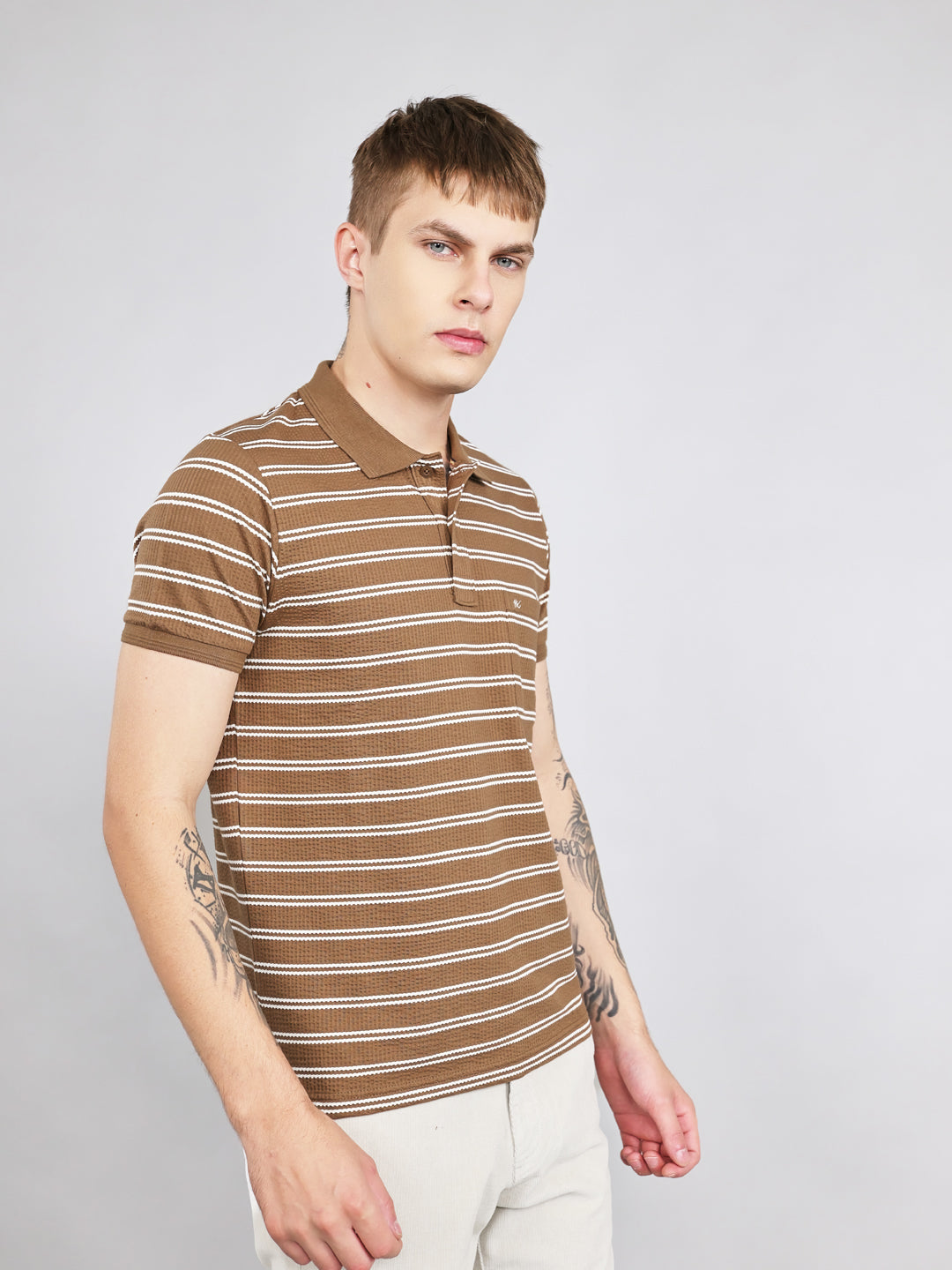 Men Brown Stripe Collar Half Sleeve T-Shirt