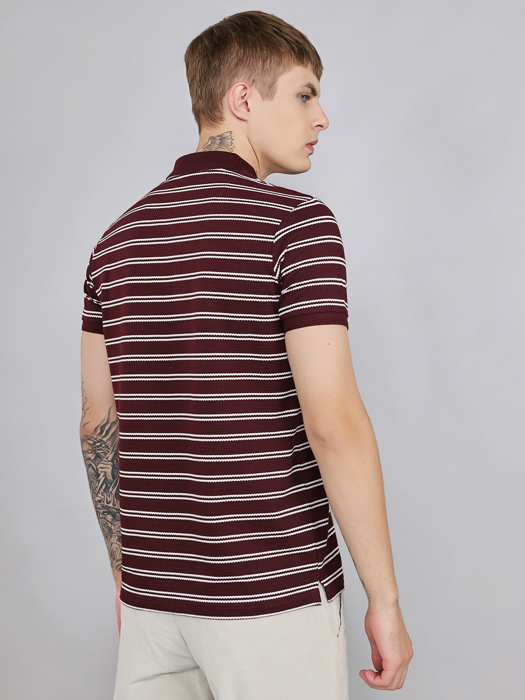 Men Maroon Stripe Collar Half Sleeve T-Shirt