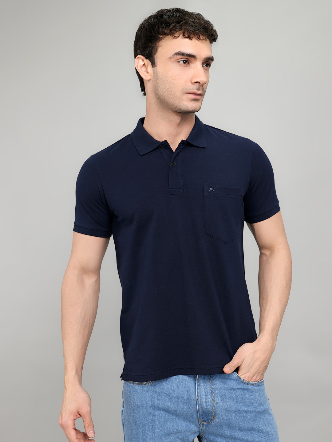 Men Navy Blue Solid Collar Half Sleeve T-Shirt