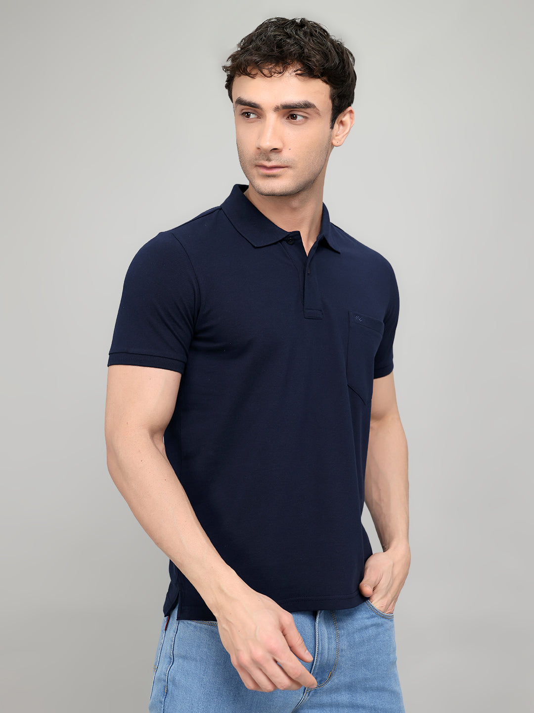 Men Navy Blue Solid Collar Half Sleeve T-Shirt