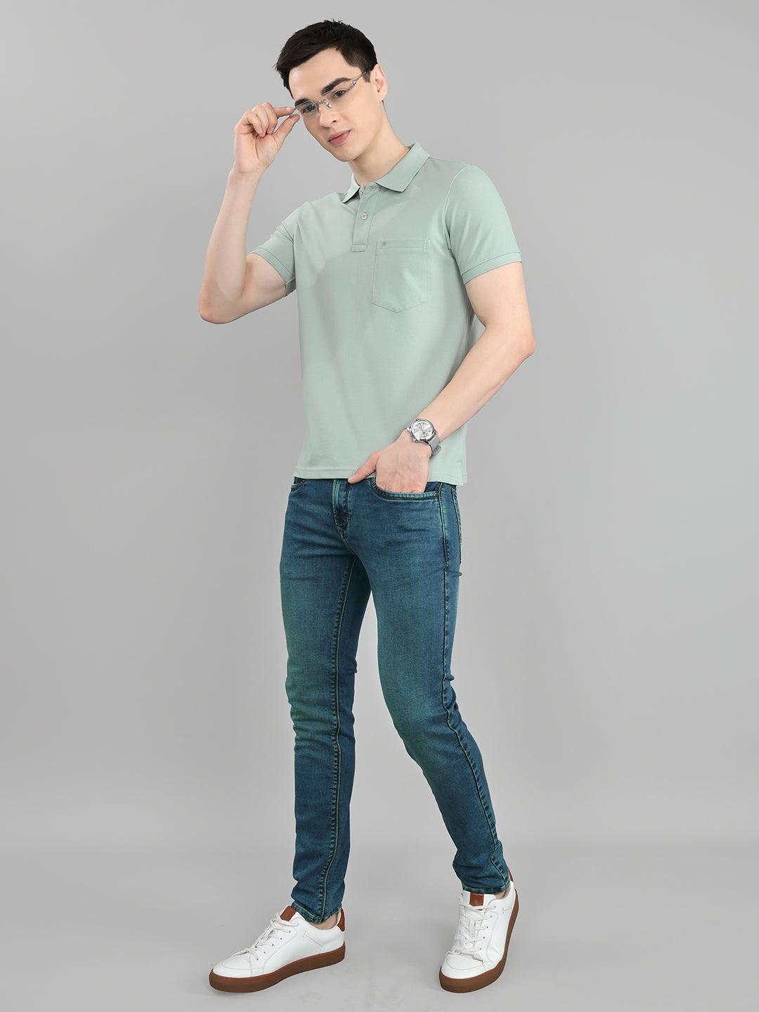 Men Sea Green Solid Collar Half Sleeve T-Shirt