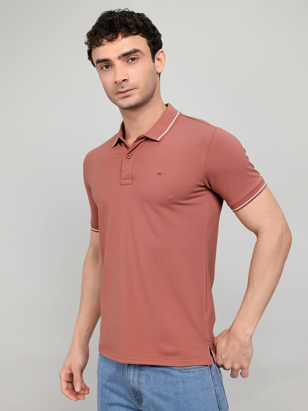 Men Peach Solid Collar Half Sleeve T-Shirt