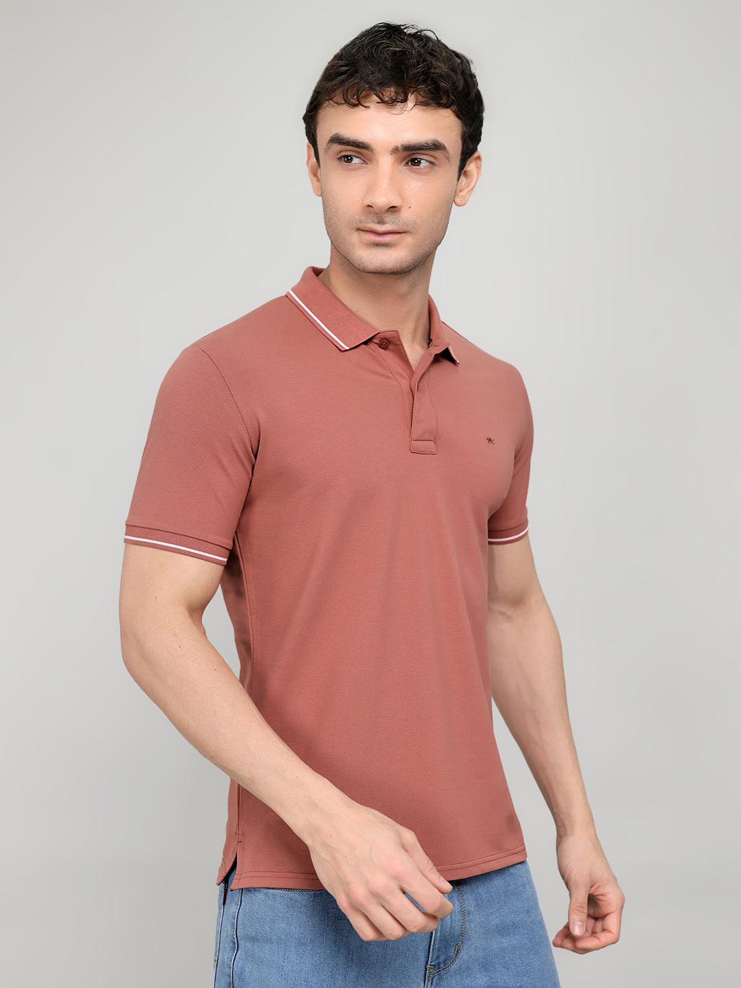 Men Peach Solid Collar Half Sleeve T-Shirt