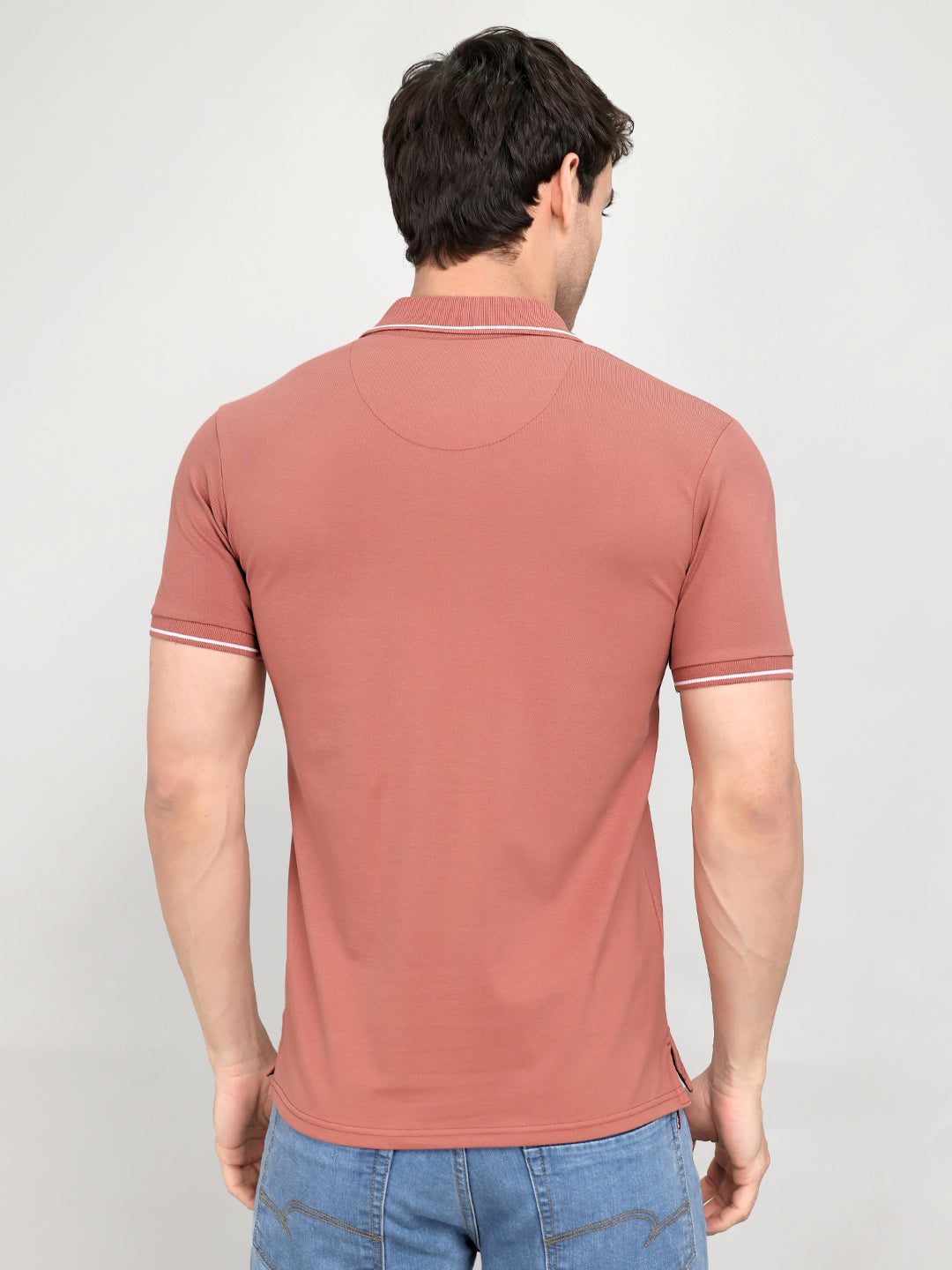 Men Peach Solid Collar Half Sleeve T-Shirt