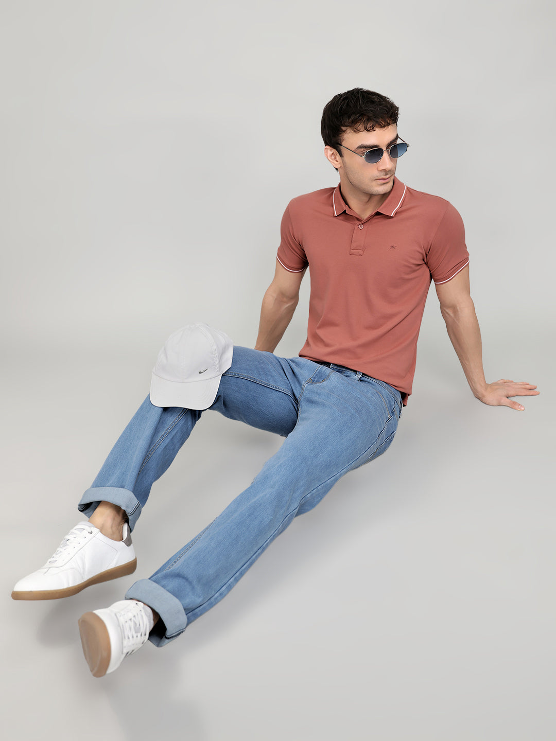 Men Peach Solid Collar Half Sleeve T-Shirt