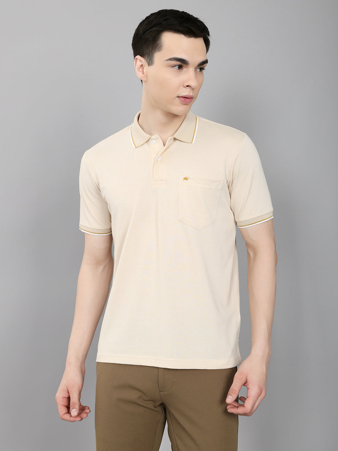 Men Beige Solid Collar Half Sleeve T-Shirt