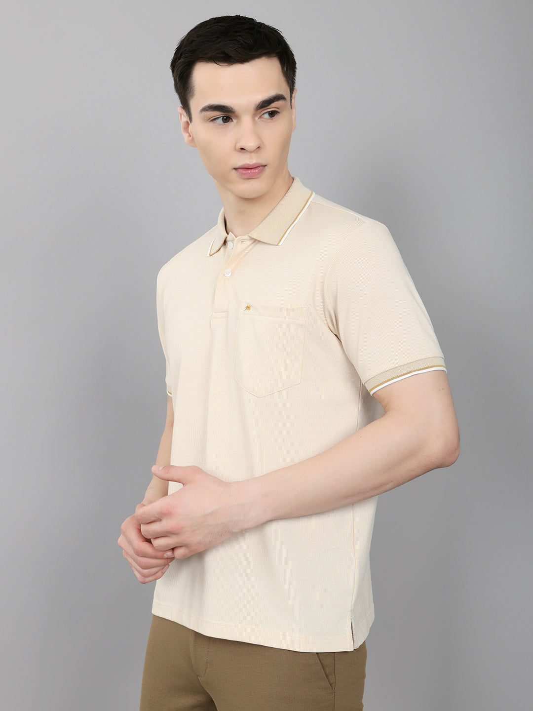 Men Beige Solid Collar Half Sleeve T-Shirt