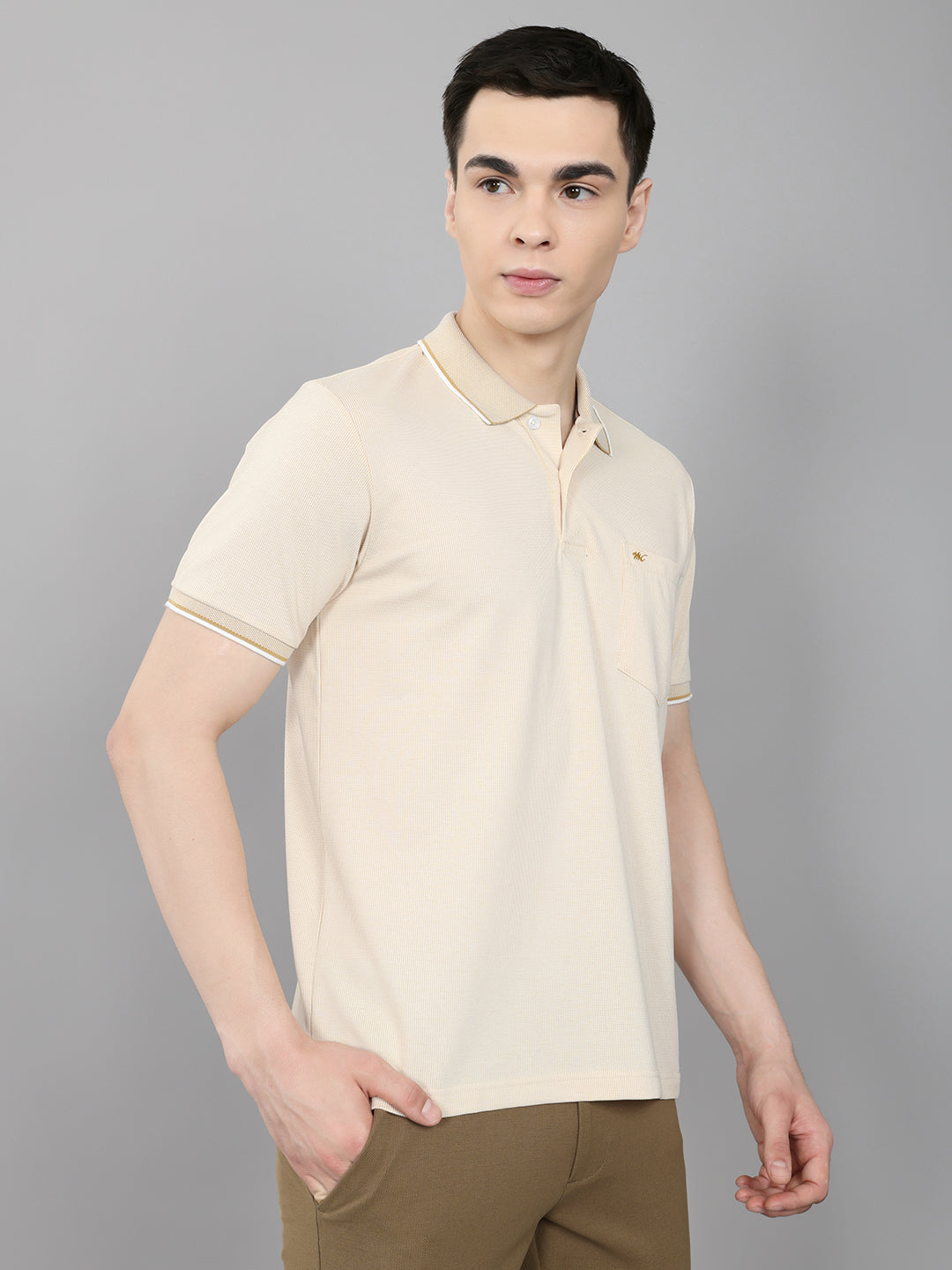 Men Beige Solid Collar Half Sleeve T-Shirt