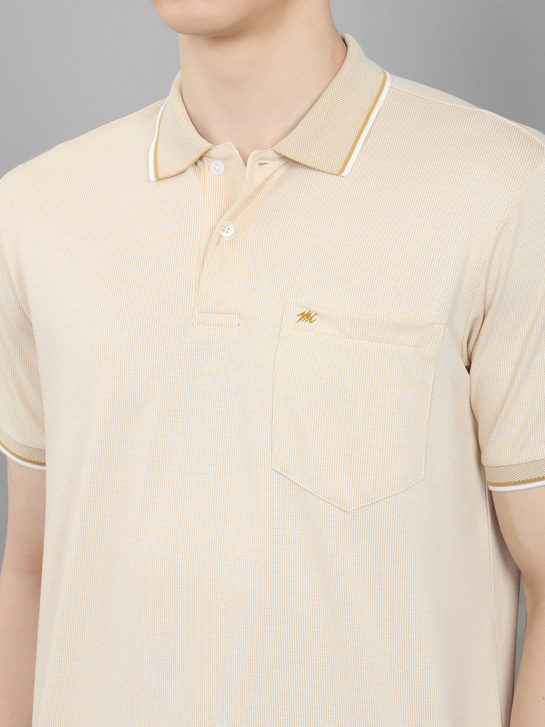 Men Beige Solid Collar Half Sleeve T-Shirt