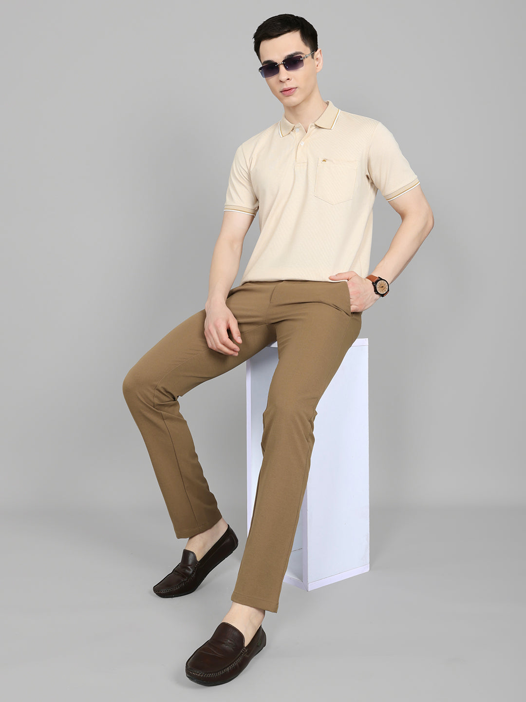 Men Beige Solid Collar Half Sleeve T-Shirt