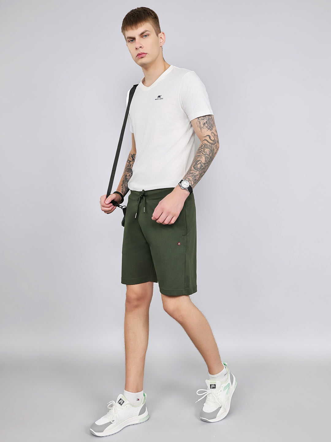 Men Olive Plain Regular Fit Bermuda