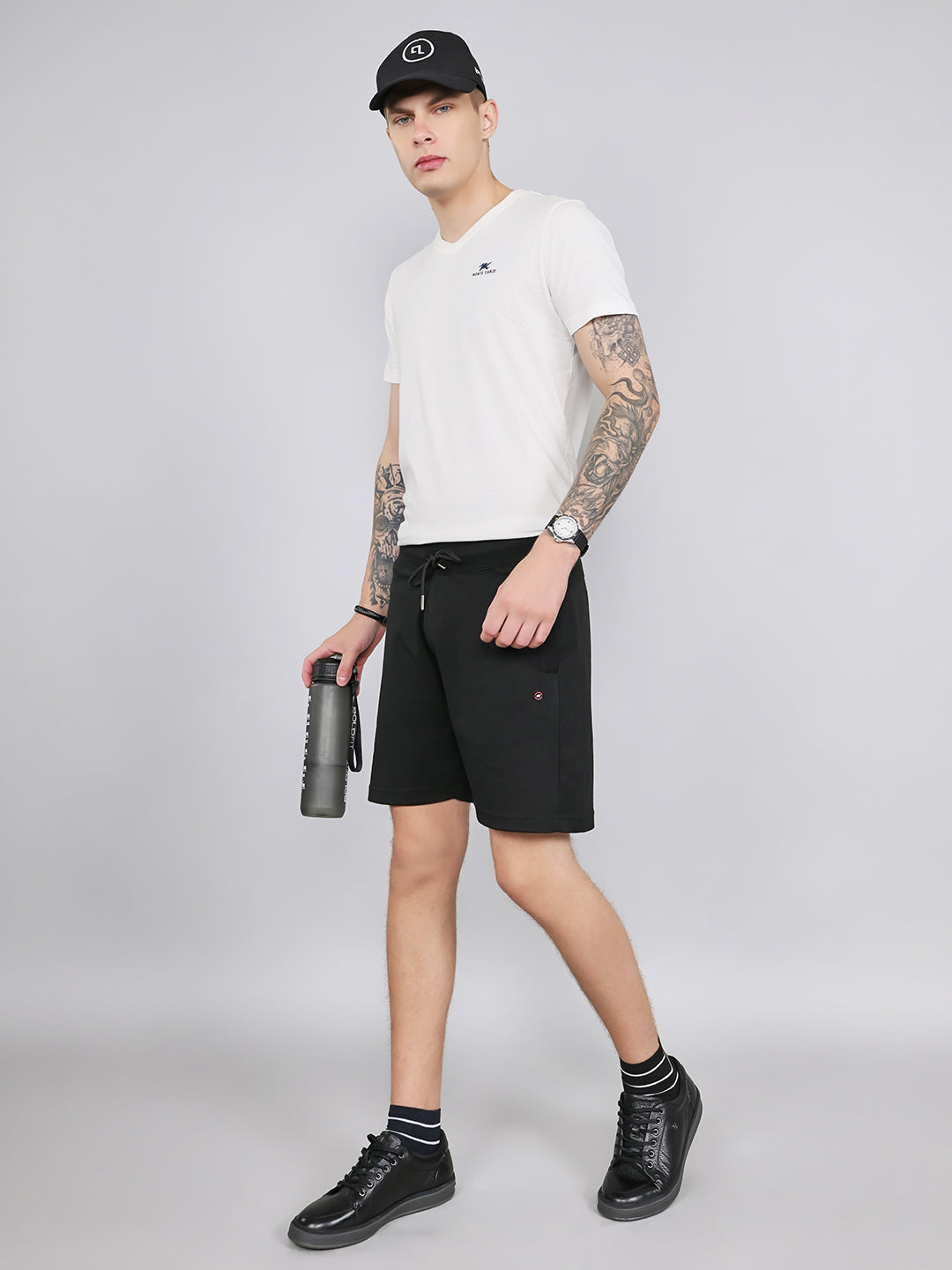 Men Black Plain Regular Fit Bermuda