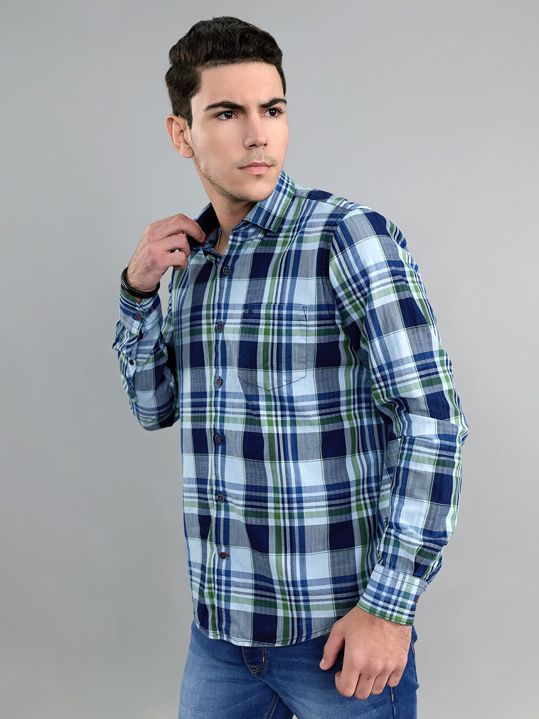Men Blue Check Collar Full Sleeve Shirt
