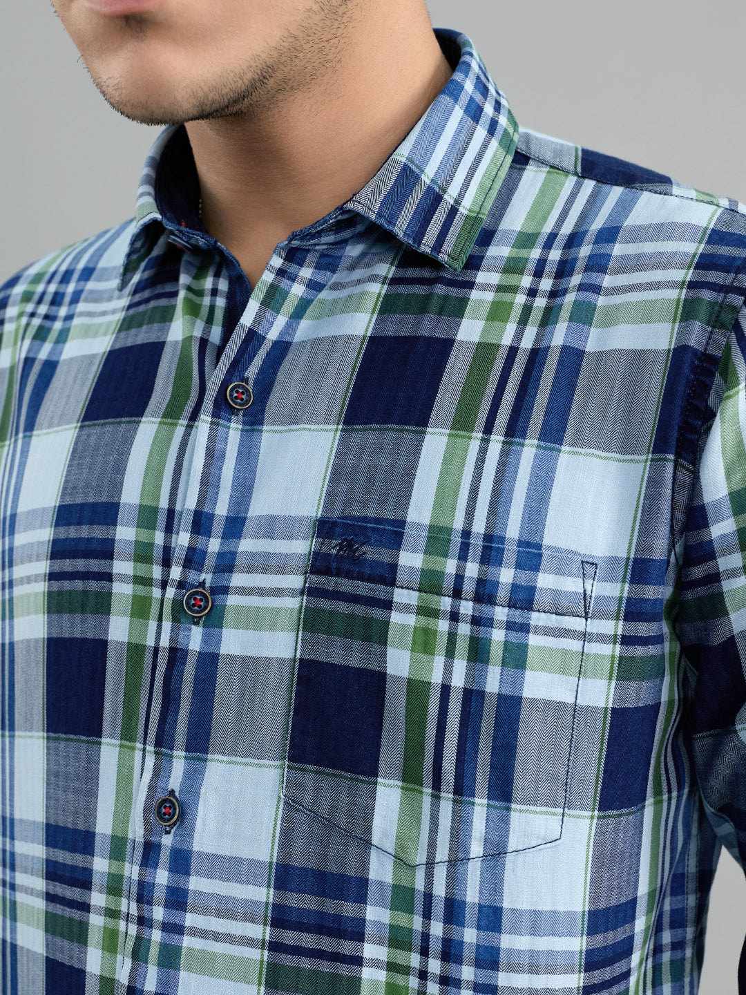 Men Blue Check Collar Full Sleeve Shirt