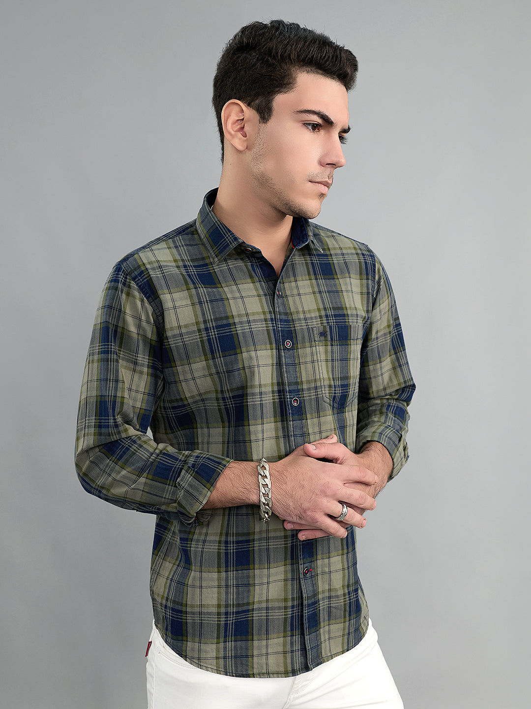 Men Olive Check Collar Full Sleeve Shirt