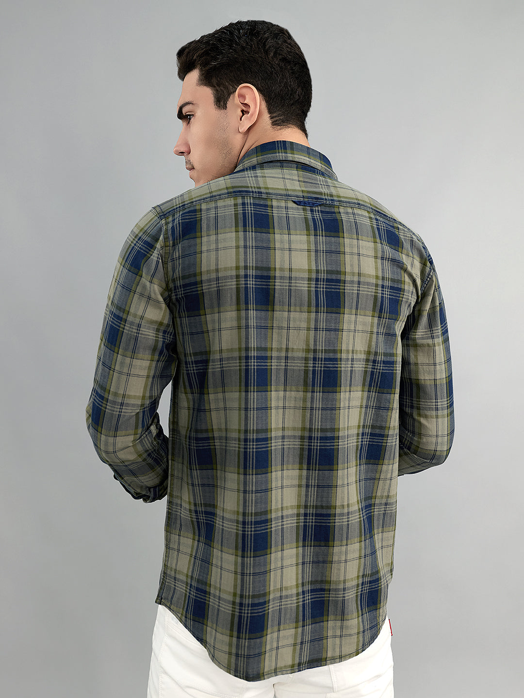 Men Olive Check Collar Full Sleeve Shirt