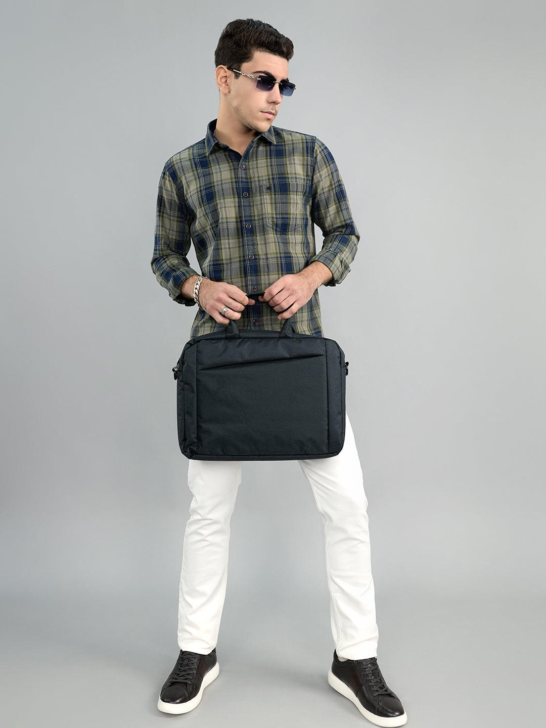 Men Olive Check Collar Full Sleeve Shirt