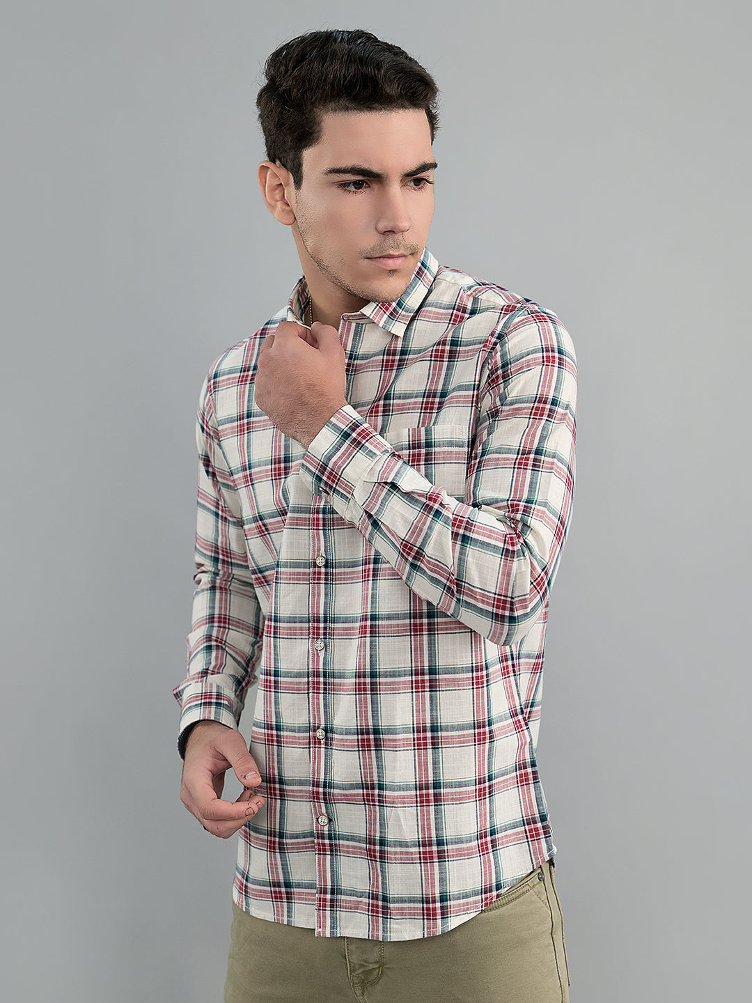Men White Check Collar Full Sleeve Shirt
