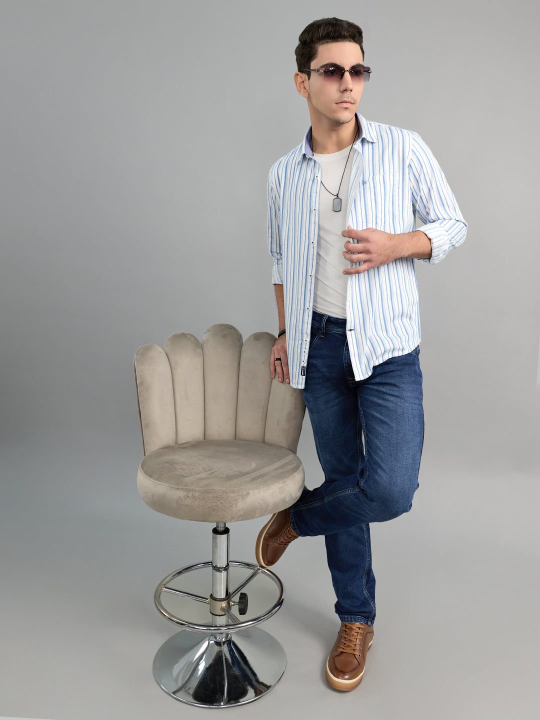 Men Blue Check Collar Full Sleeve Shirt