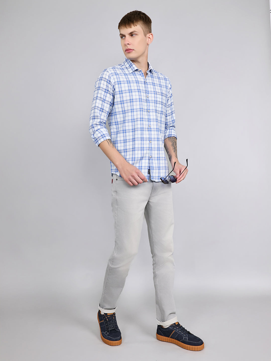 Men Sky Blue Check Collar Full Sleeve Shirt