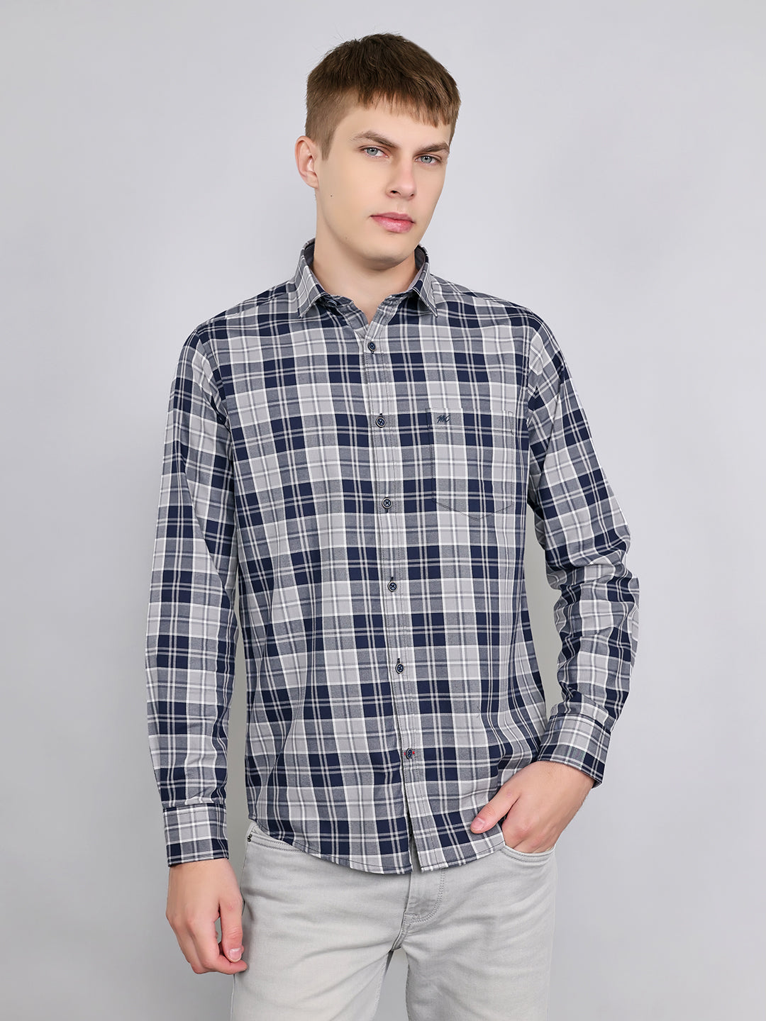 Men Navy Blue Check Collar Full Sleeve Shirt