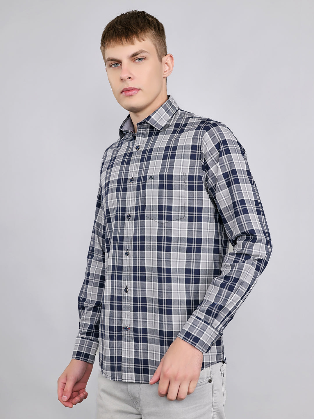Men Navy Blue Check Collar Full Sleeve Shirt