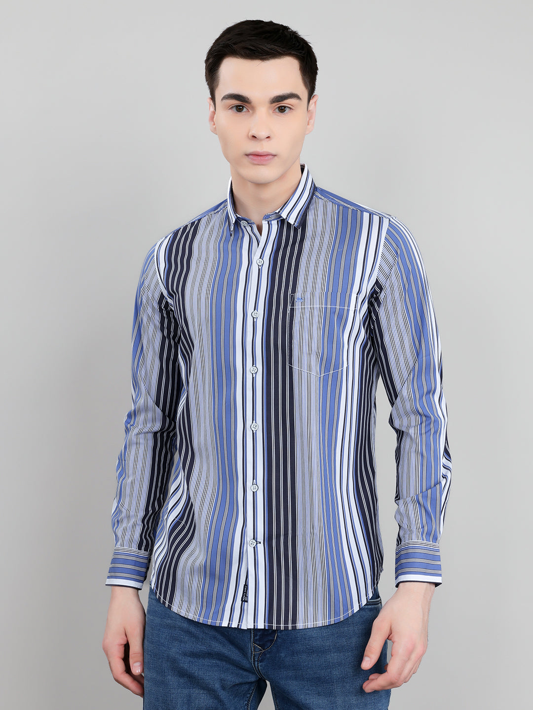Men Blue Stripe Collar Full Sleeve Shirt