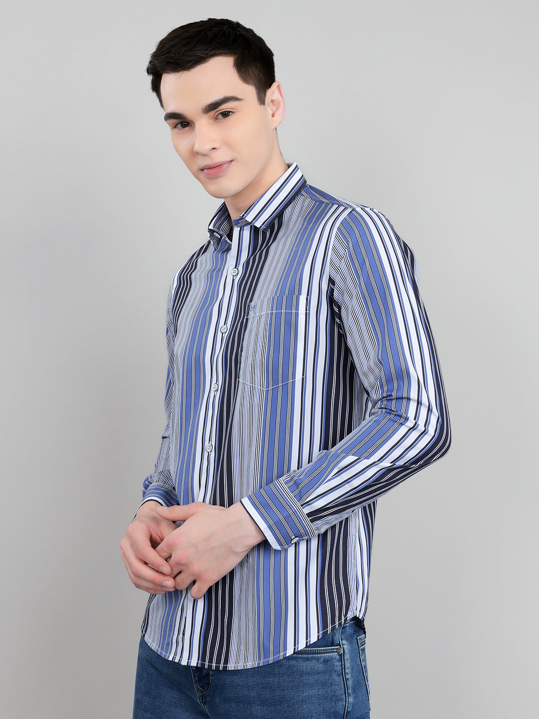 Men Blue Stripe Collar Full Sleeve Shirt